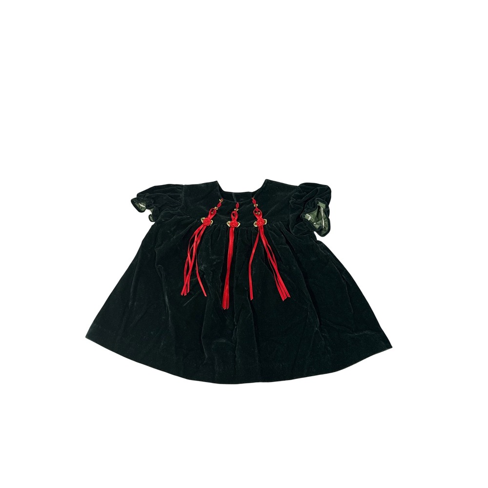Bryan VTG Baby Girl Green Velvet Holiday Dress Rosette Tassels 3-6 Months